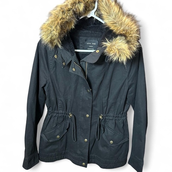 Love Tree Hooded Jacket w/ Faux Fur Trim | Black | Medium - Picture 3 of 8
